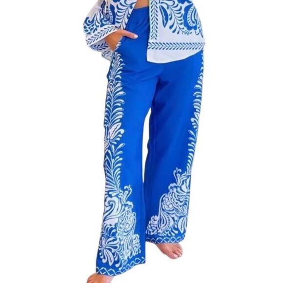 Zara women’s NWOT satin effect printed wide leg high waisted blue pants as/L - Picture 1 of 9